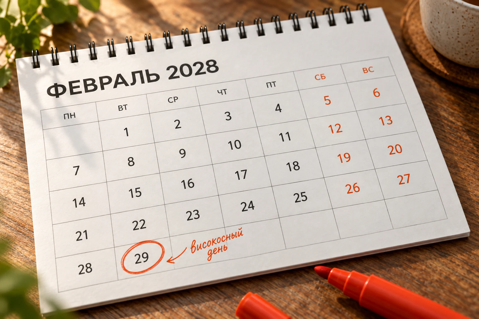 Календарь февраля 2028 года с выделенным 29 февраля